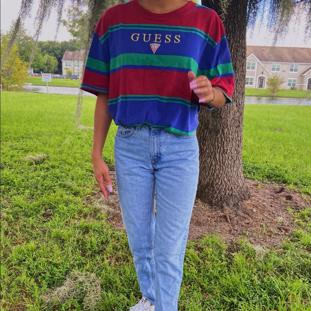 Guess Striped Blue Red Green Camdem Tee.